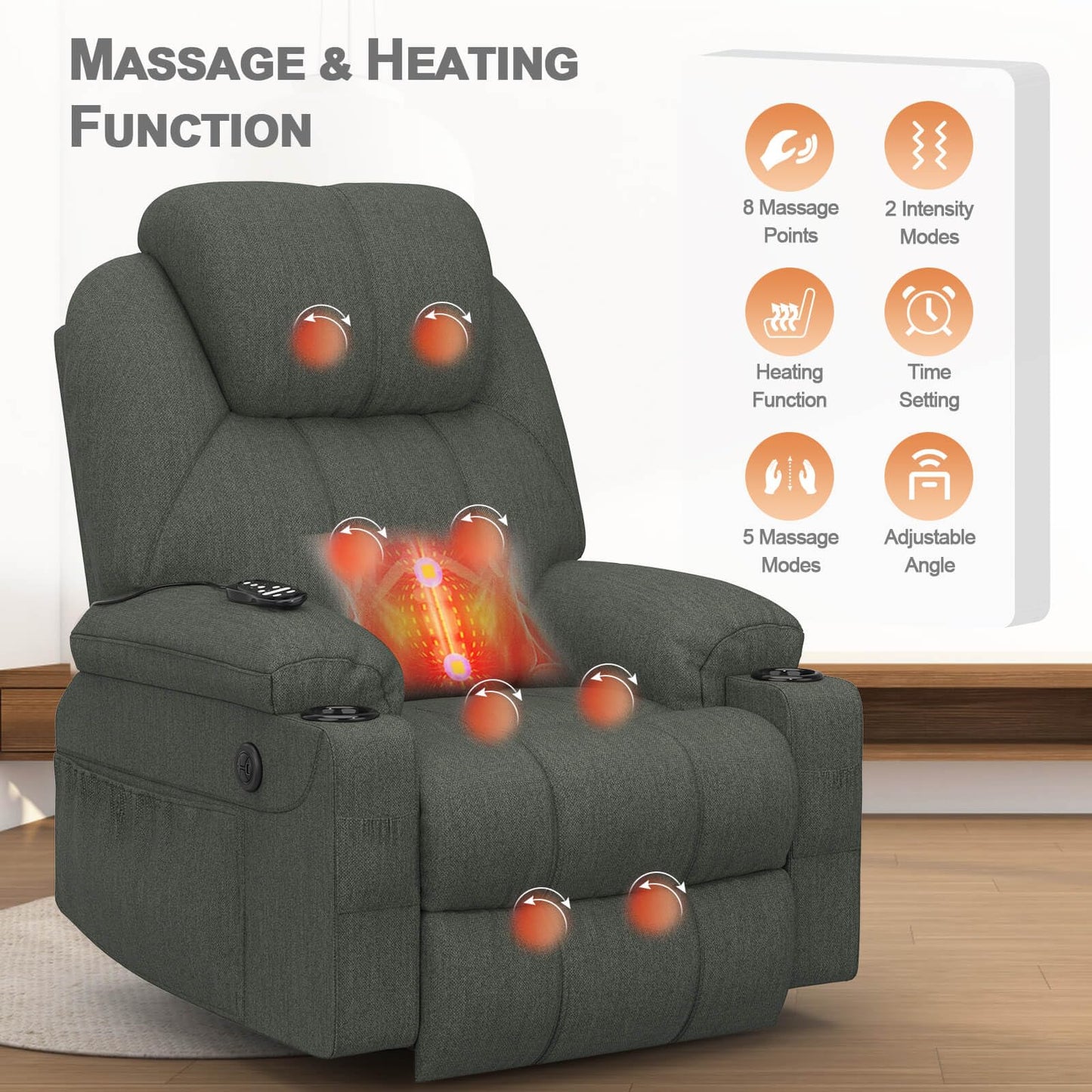 Recliner Armchair-Set of 3, Lift Chair For the Elderly, Power Recliner Chair with Massage & Heat, Extended Footrest, Type C+USB Ports, 2 Cup Holders, Dual Side Pockets Reclining Chairs