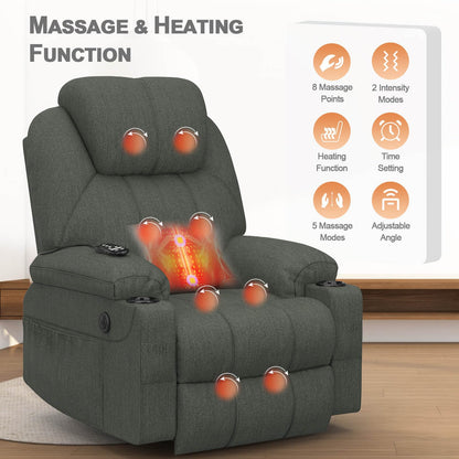 Recliner Armchair-Set of 3, Lift Chair For the Elderly, Power Recliner Chair with Massage & Heat, Extended Footrest, Type C+USB Ports, 2 Cup Holders, Dual Side Pockets Reclining Chairs