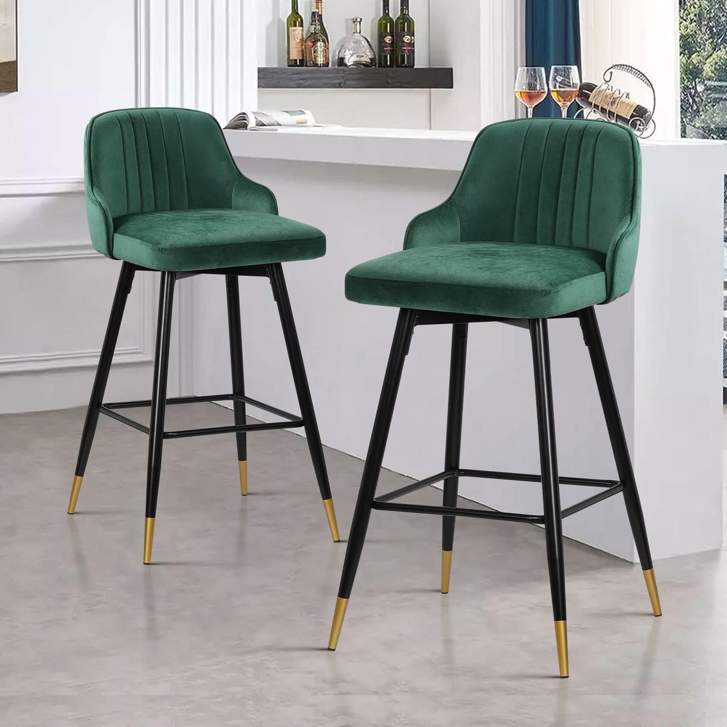 Bekrvio Upgraded Velvet Bar Stools Set of 2 – 360° Swivel Bar Chairs with Back & Footrest, Modern Kitchen Island Breakfast Stools, Support 150kg – New Version, Black