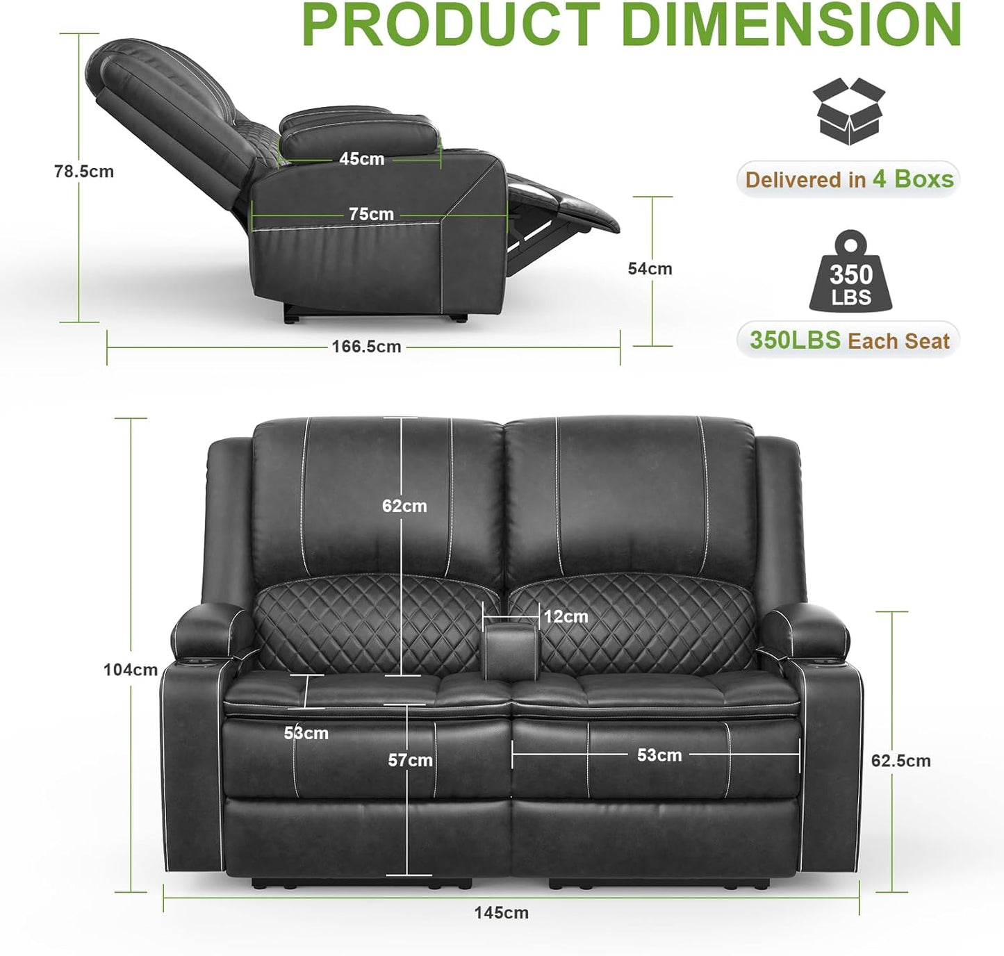2 Seat Recliner Sofa, Reclining Loveseat with USB Charge Ports, 3 Cup Holders, 2 Side storage Pockets Recliner Love Seat Couches for Living Room, RV