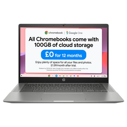 HP Chromebook 14" | Intel Processor N100 Processor| 4 GB RAM | 128 GB Flash Storage | Intel UHD Graphics | HD Display | Up to 12hrs battery | Chrome OS | Dual Speakers | Glacier Silver | 14a-nf0002sa