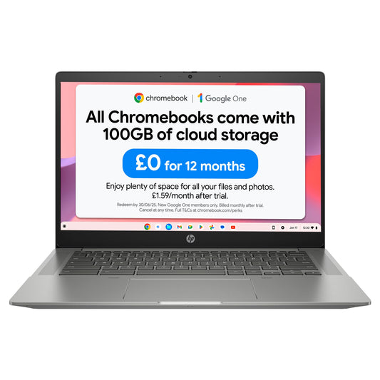 HP Chromebook 14" | Intel Processor N100 Processor| 4 GB RAM | 128 GB Flash Storage | Intel UHD Graphics | HD Display | Up to 12hrs battery | Chrome OS | Dual Speakers | Glacier Silver | 14a-nf0002sa