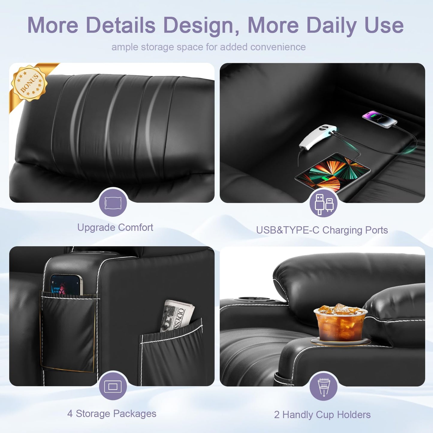 BareTay Recliner Armchair Electric Lift Chair with Massage & Heat, Extended Footrest, Oversized Riser Reclining Chair Lounge Sofa with Type C+USB, 2 Drink Holders, 4 Side Pockets