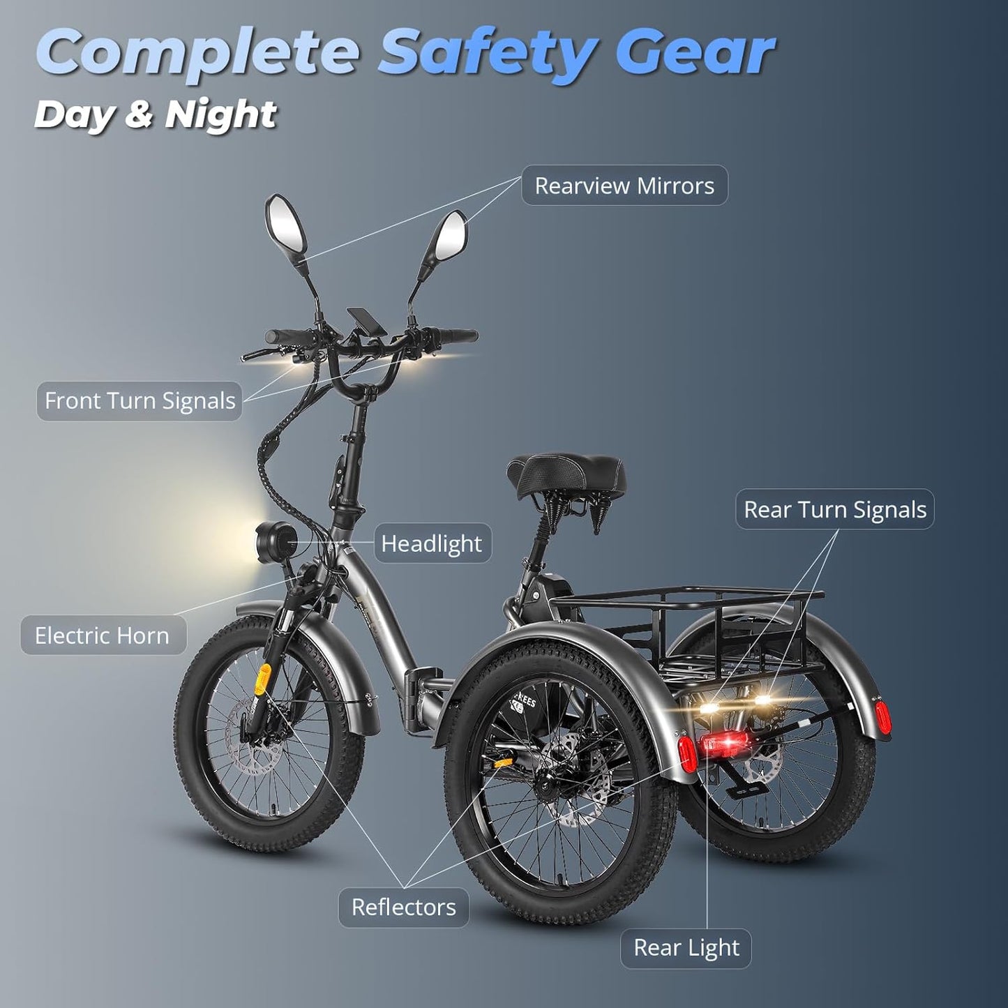 Fafrees F20 Mate Electric Tricycle Bike, 20 * 3.0 Inch Fat Tire E-Trike All Terrain, 48V/21Ah Removable Battery, Power Assist 115 KM, Folding Electric Cargo Tricycle for Senior Adult, Grey