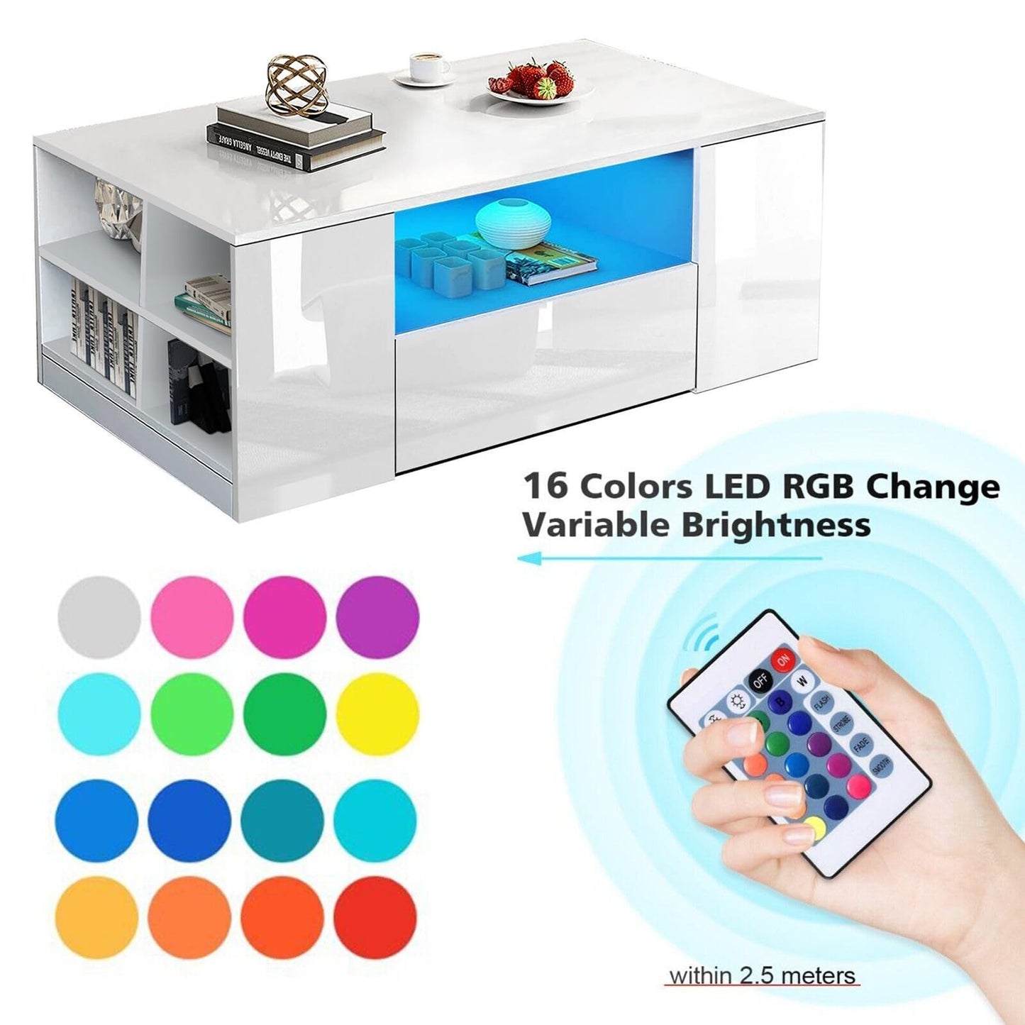 High Gloss Coffee Table, Coffee Table with Storage, Coffee Tables for Living Room with Led RGB Lights 2 Drawer Storage and Open Shelf Rectangle Centre Tea Table for Home Office Furniture, Grey
