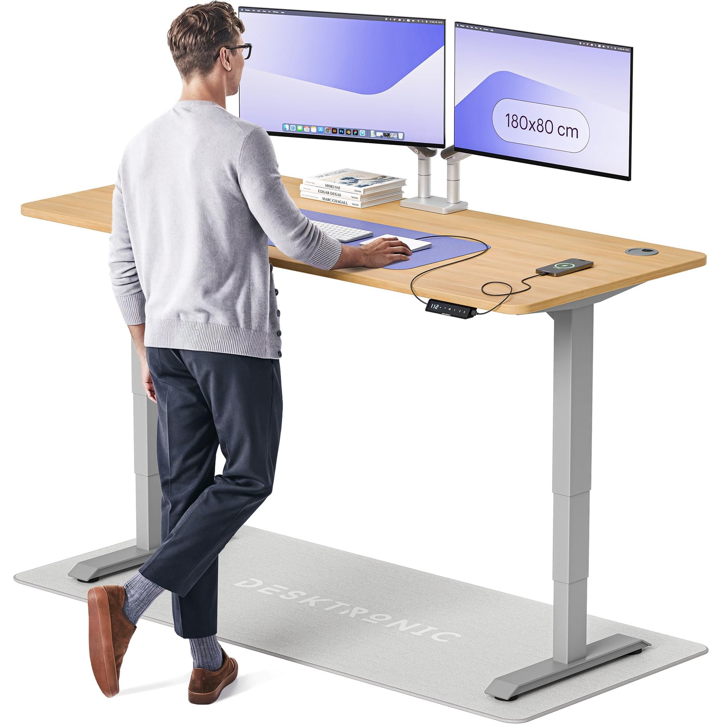 Height-Adjustable Desk 180 x 80cm - Standing Desk - Integrated USB/USB-C - 3 Memory Presets - Dual Motor Electric Touchscreen Stand Up Table - Great Gift for Smart Home Solutions