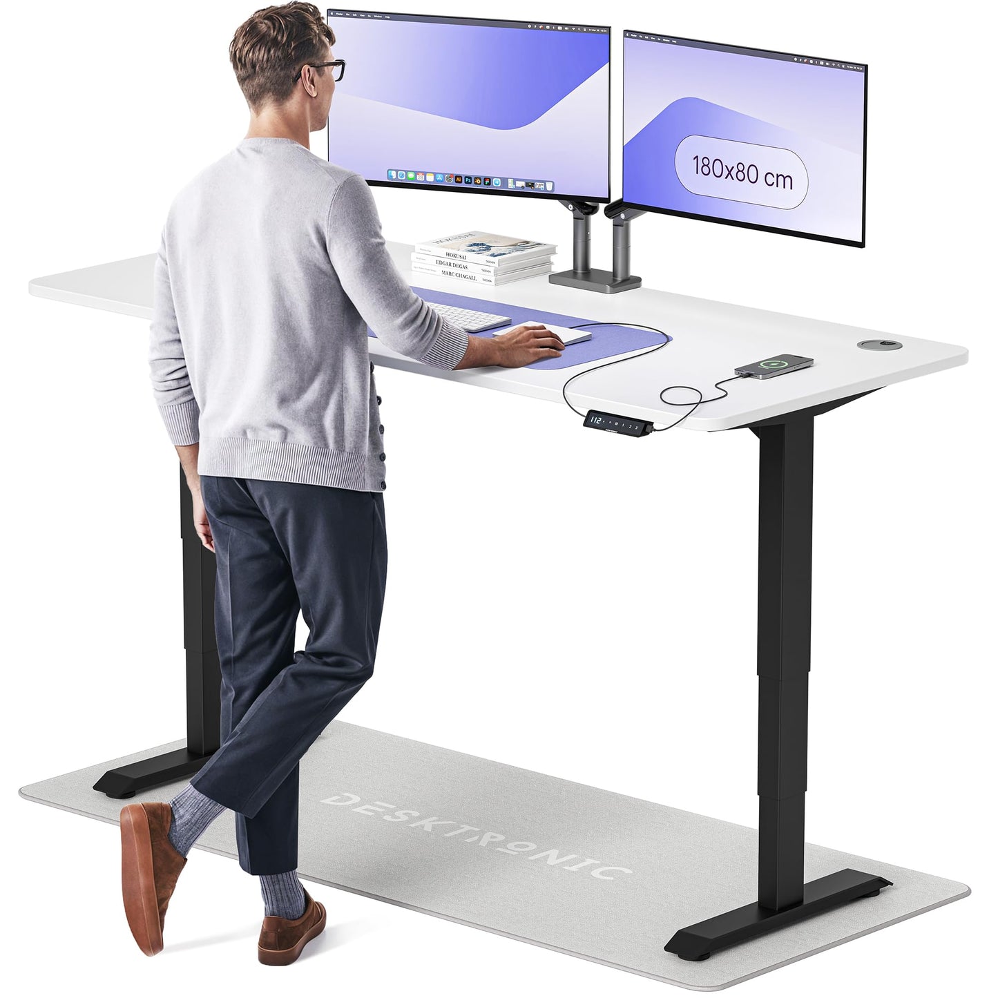 Height-Adjustable Desk 180 x 80cm - Standing Desk - Integrated USB/USB-C - 3 Memory Presets - Dual Motor Electric Touchscreen Stand Up Table - Great Gift for Smart Home Solutions
