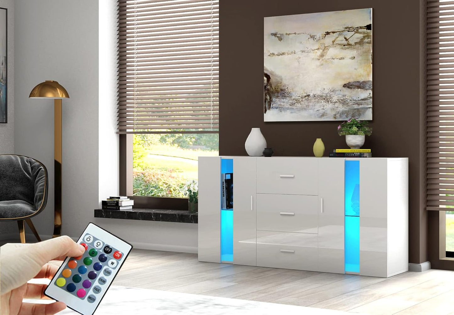 Panana Sideboard Modern Living Room Cupboard Unit Cabinet Furniture 2 Doors 3 Drawers LxDxH 135x32x70cm (White)
