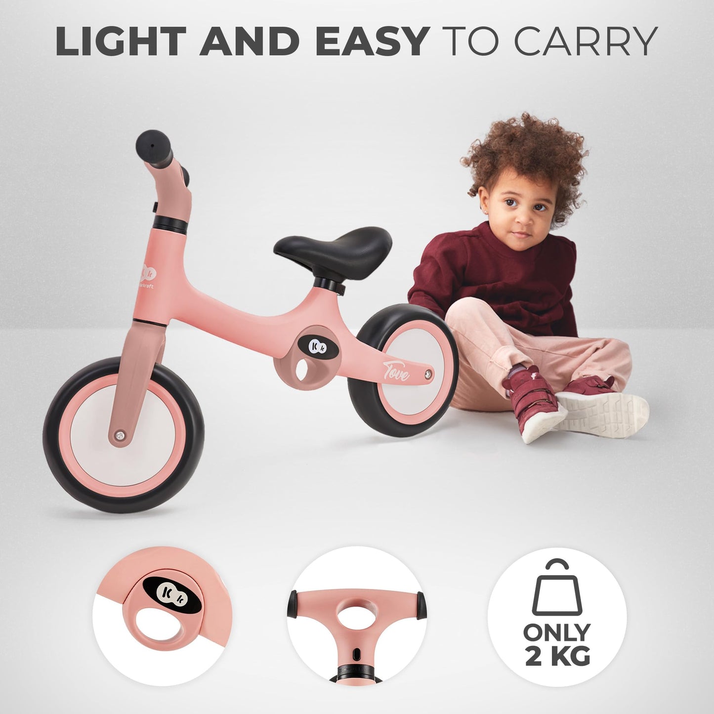 Kinderkraft TOVE Balance Bike, from 1.5 years, light balance bike, children's bike, adjustable seat, easy assembly, limited steering angle, non-slip rubber handles, Mint