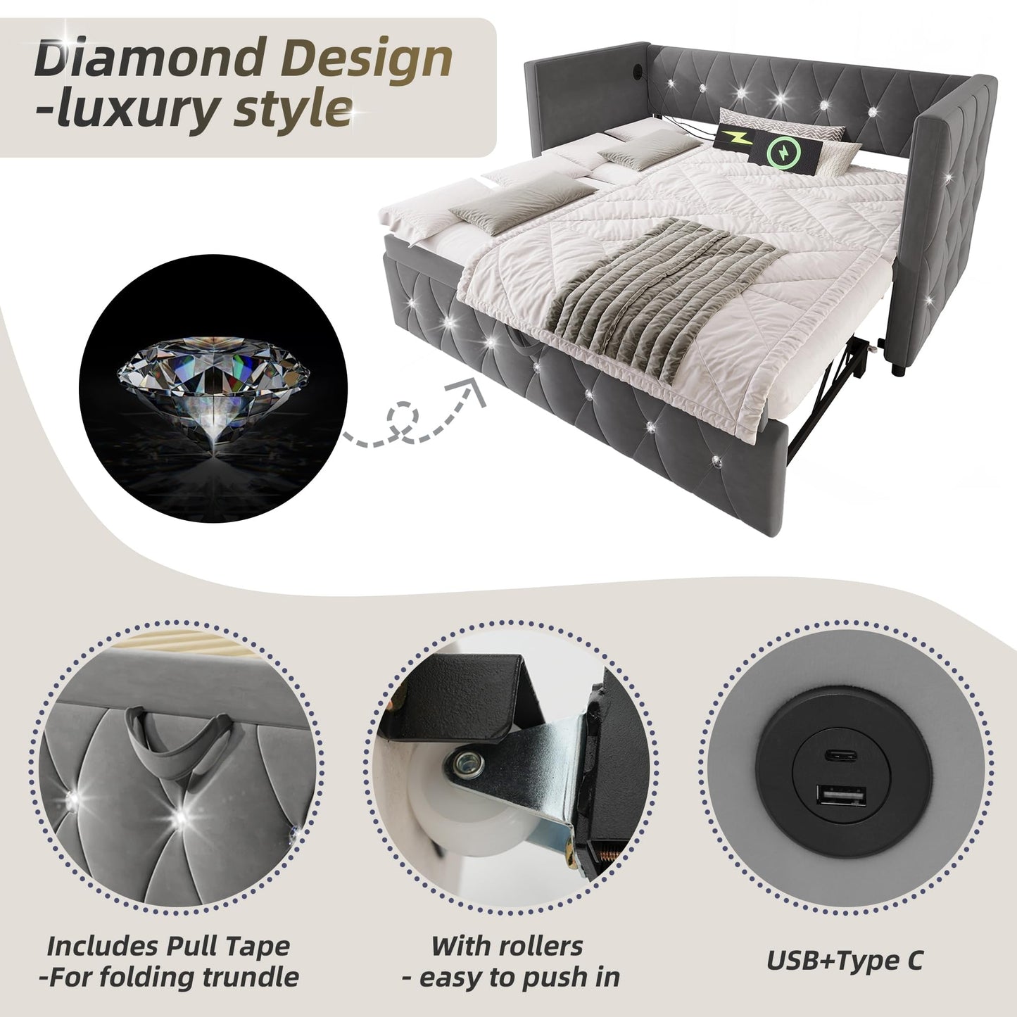 Jtyca Daybed, Trundle Bed, Upholstered Single Bed with Pull Out Bed, Sofa Bed with USB-Type C-Charging Sations, Pull Out Trundle for Living Room and Bedroom, 90 x 190 cm, Velvet, Grey, (No Mattress)