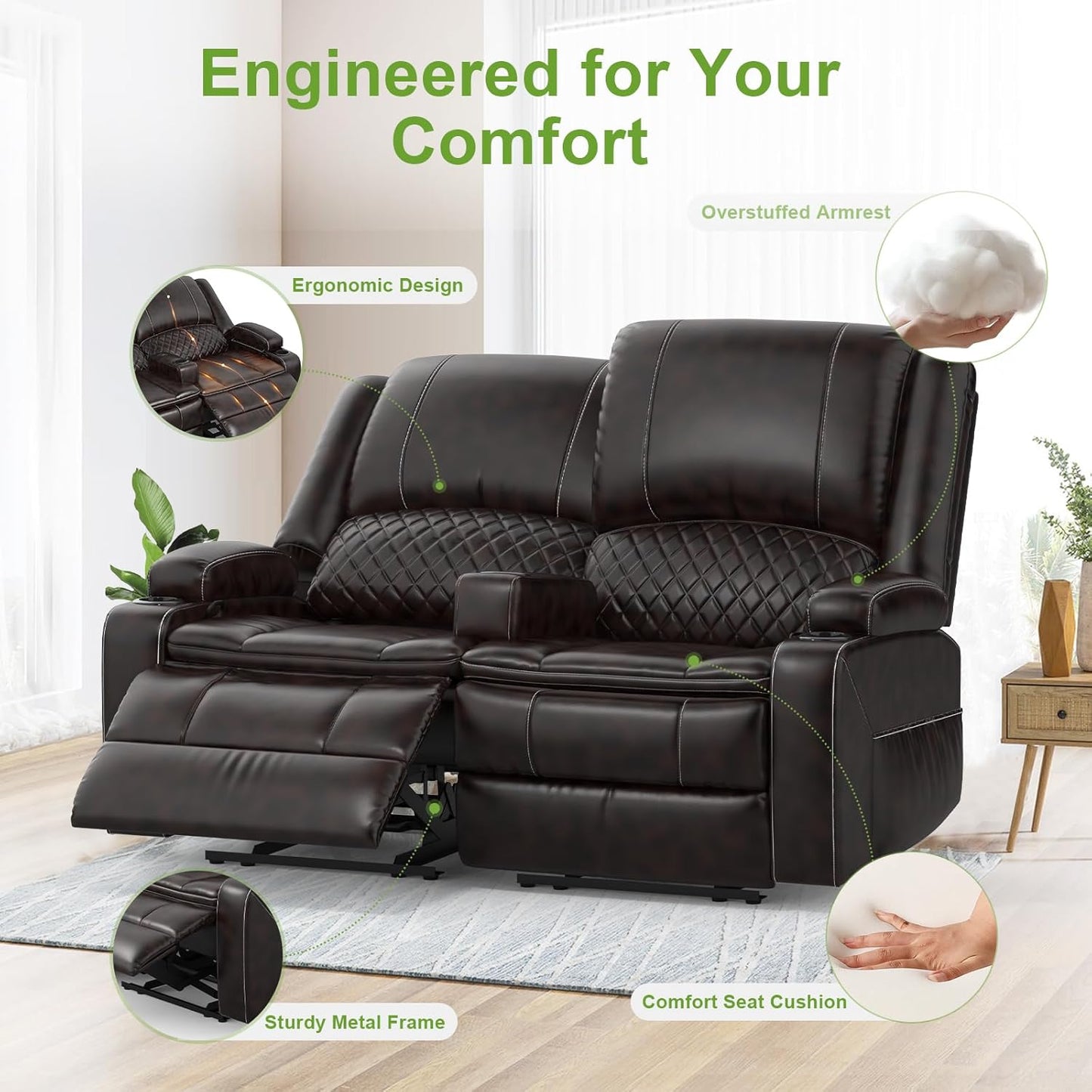 2 Seat Recliner Sofa, Reclining Loveseat with USB Charge Ports, 3 Cup Holders, 2 Side storage Pockets Recliner Love Seat Couches for Living Room, RV