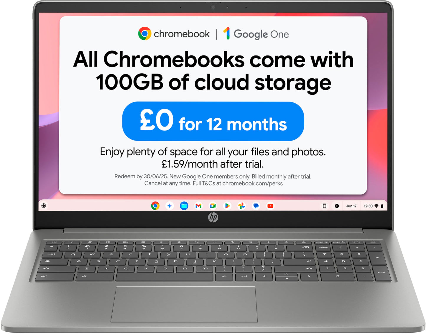HP Chromebook 14" | Intel Processor N100 Processor| 4 GB RAM | 128 GB Flash Storage | Intel UHD Graphics | HD Display | Up to 12hrs battery | Chrome OS | Dual Speakers | Glacier Silver | 14a-nf0002sa