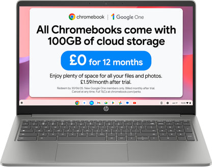 HP Chromebook 14" | Intel Processor N100 Processor| 4 GB RAM | 128 GB Flash Storage | Intel UHD Graphics | HD Display | Up to 12hrs battery | Chrome OS | Dual Speakers | Glacier Silver | 14a-nf0002sa