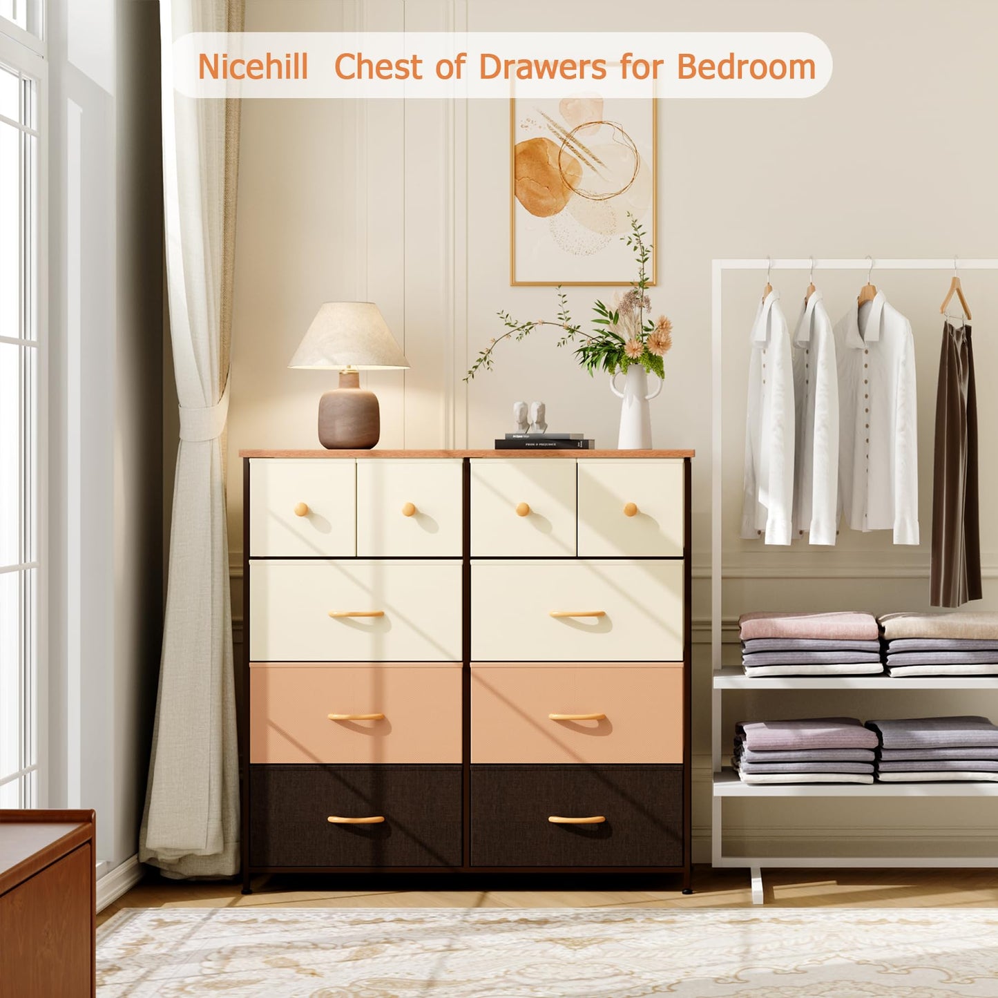 Nicehill Dresser for Bedroom with 10 Drawers, Storage Drawer Organizer, Tall Chest of Drawers for Closet, Clothes, Kids, Baby, Living Room, Wood Board, Fabric Drawers(Black Wood Grain)