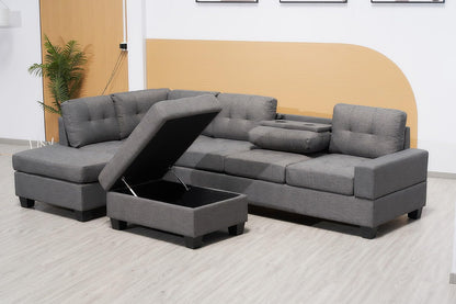 Western Grey Fabric Corner Sofa suite With Drop Down Cup Holder And Ottoman for livingrooms -Cheap sofas & couches-3020 (Grey Fabric, Right Hand Side)