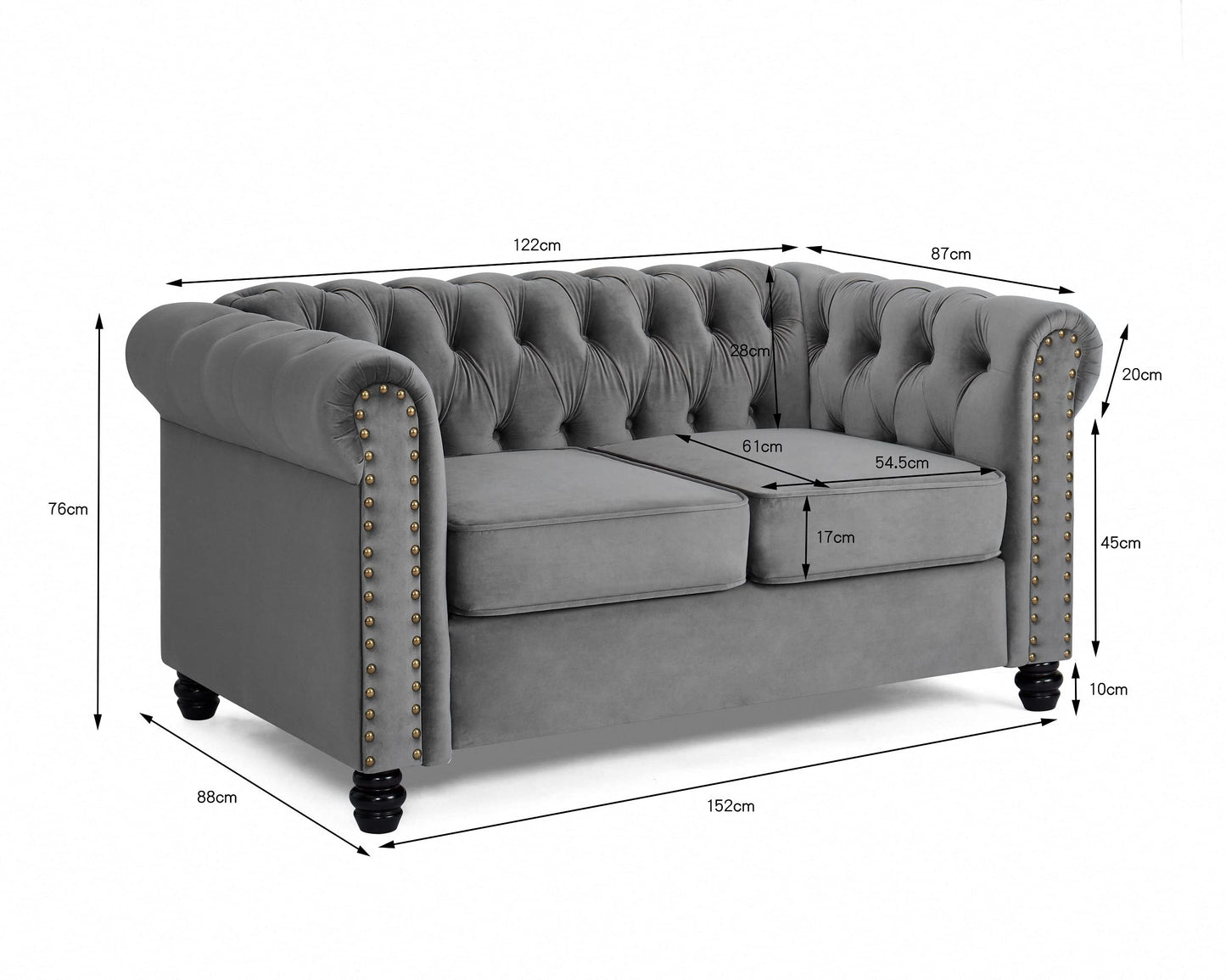Chesterfield Sofa Velvet Upholstered Couch in 2 Seater or 3 Seater Fabric Sofa in Grey, Blue, Black, Green, Gold (2 Seater, Black)