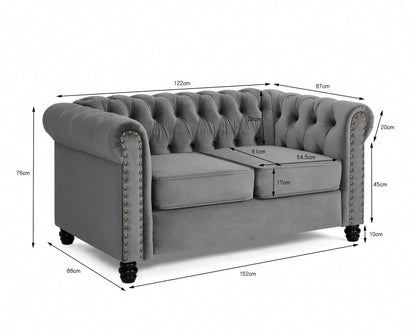 Chesterfield Sofa Velvet Upholstered Couch in 2 Seater or 3 Seater Fabric Sofa in Grey, Blue, Black, Green, Gold (2 Seater, Black)