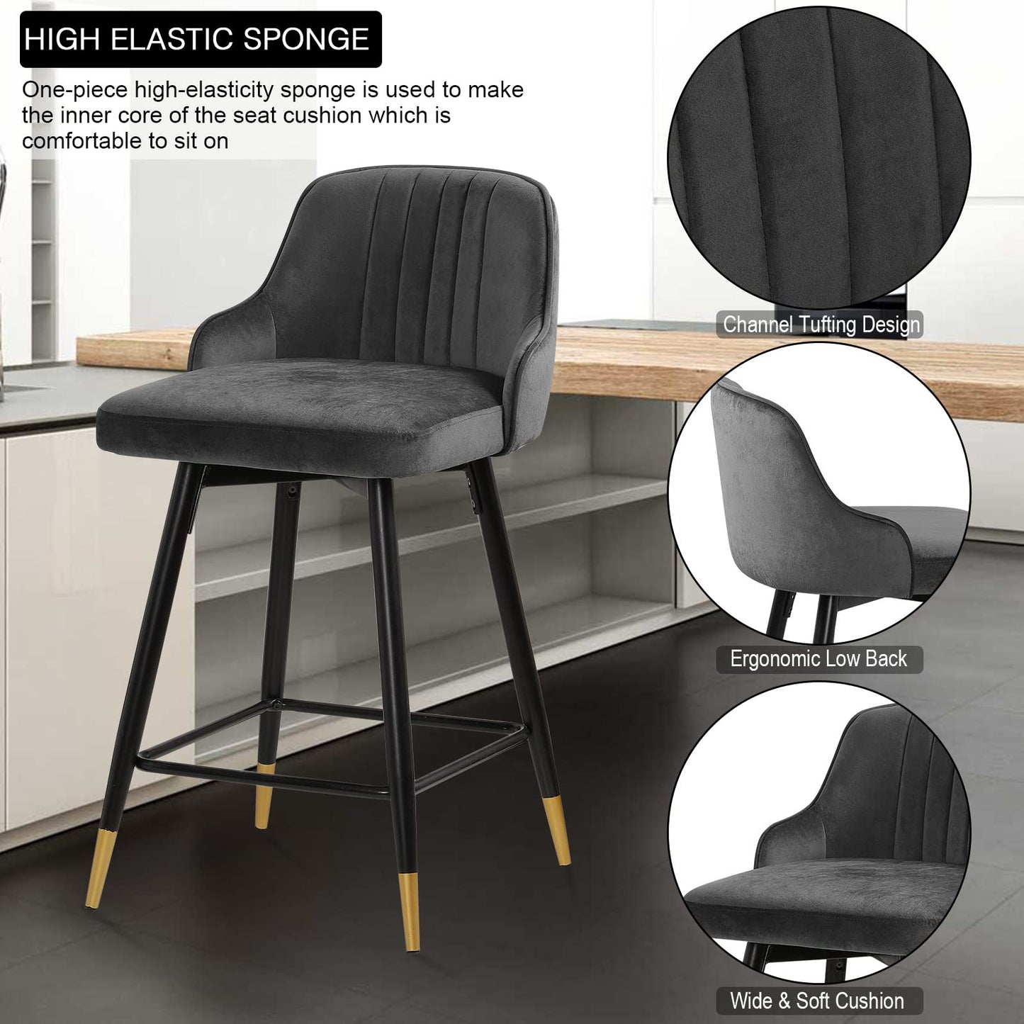 Bekrvio Upgraded Velvet Bar Stools Set of 2 – 360° Swivel Bar Chairs with Back & Footrest, Modern Kitchen Island Breakfast Stools, Support 150kg – New Version, Black