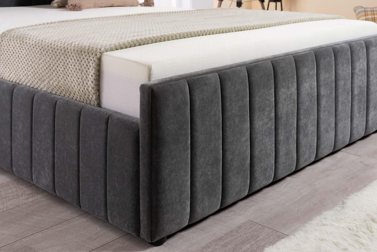 Grey Velvet Ottoman Storage Bed (Gas Lift), Sleep Factorys Ferrera Grey Naples Velvet Modern Bed - 4ft Small Double (120 x 190 cm) with Memory Sprung Mattress