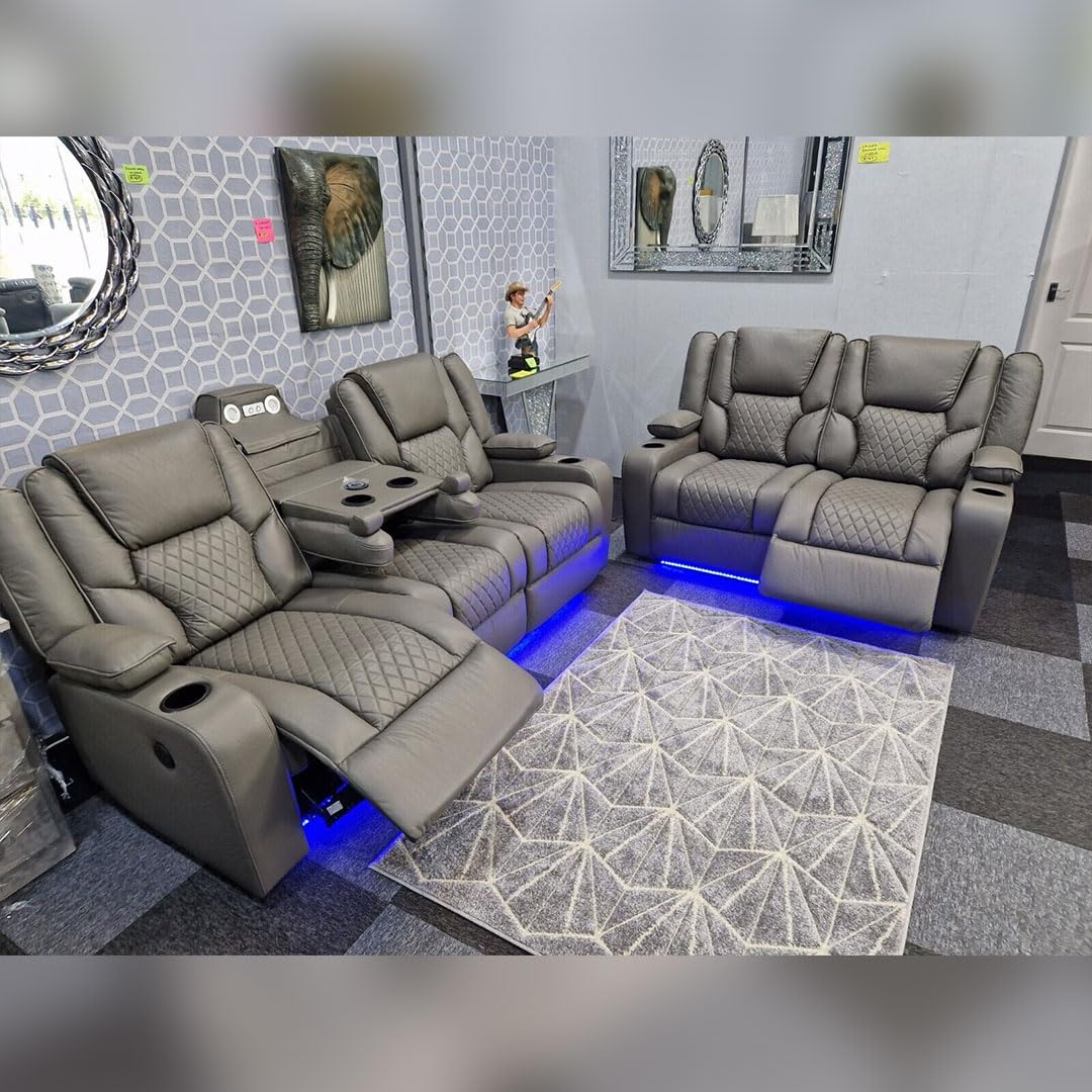 Orlando - Electric Recliners Sofa With Cupholders - 3+2 Seater Sofa Grey/LED Lights/Wireless Charging (Grey)