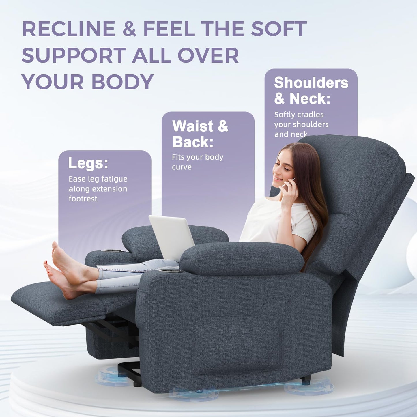 BareTay Recliner Armchair Electric Lift Chair with Massage & Heat, Extended Footrest, Oversized Riser Reclining Chair Lounge Sofa with Type C+USB, 2 Drink Holders, 4 Side Pockets