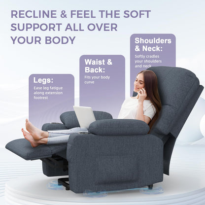 BareTay Recliner Armchair Electric Lift Chair with Massage & Heat, Extended Footrest, Oversized Riser Reclining Chair Lounge Sofa with Type C+USB, 2 Drink Holders, 4 Side Pockets