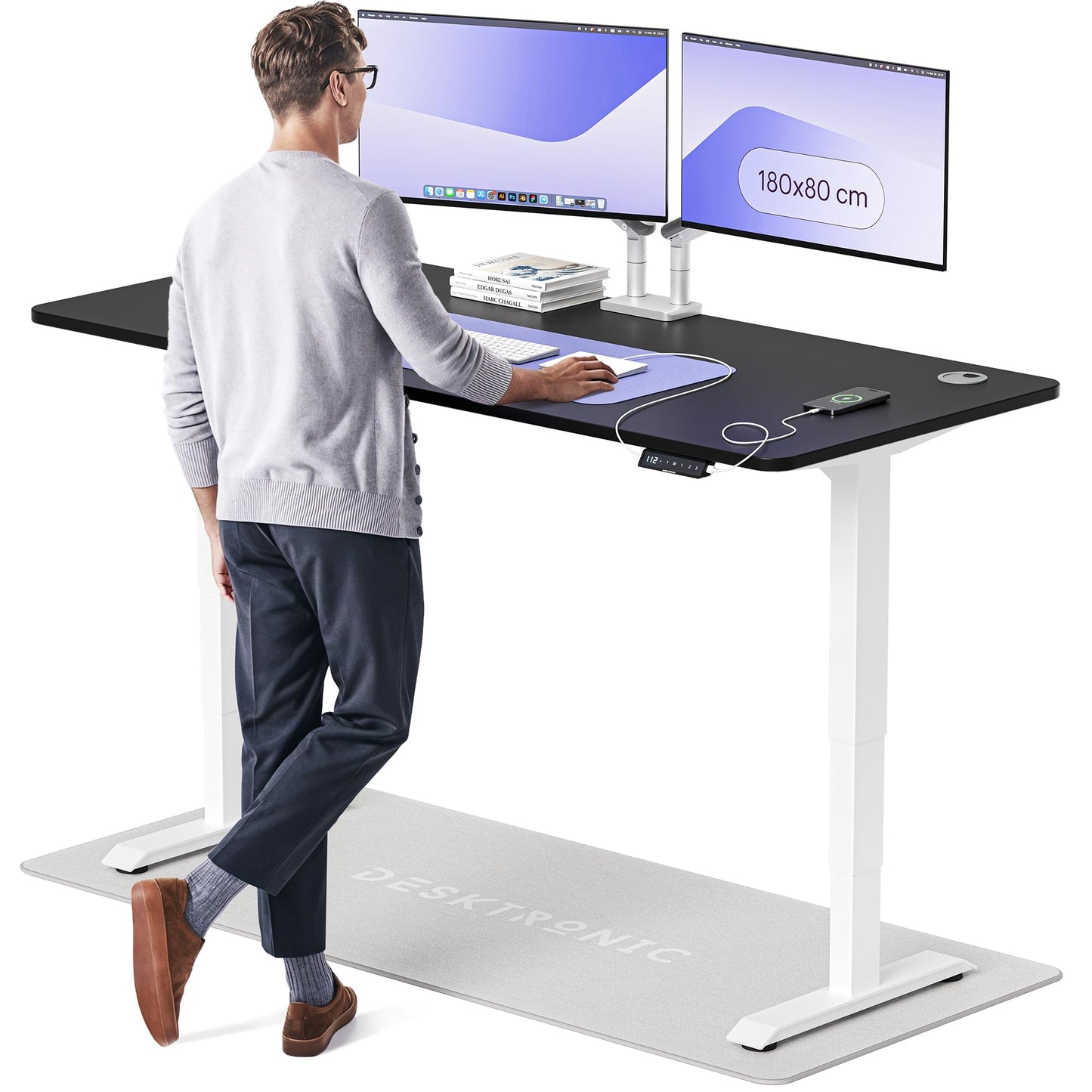 Height-Adjustable Desk 180 x 80cm - Standing Desk - Integrated USB/USB-C - 3 Memory Presets - Dual Motor Electric Touchscreen Stand Up Table - Great Gift for Smart Home Solutions