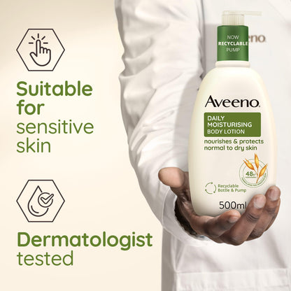 Aveeno Daily Moisturising Body Lotion, With Soothing Oats & Rich Emollients, Suitable For Sensitive Skin, Nourishes and Protects Normal to Dry Skin, Fragrance Free, 500ml