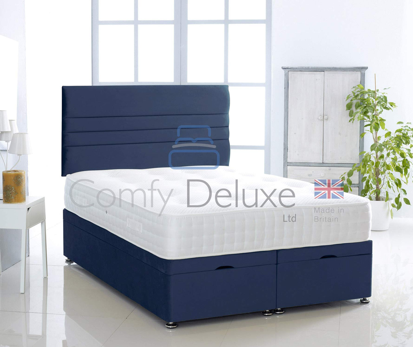 Plush Velvet Ottoman Divan Bed Foot Lift Open With 1000 Pocket Mattress And Horizontal Lined Headboard | Gas Lift Ottoman Storage Divan Bed Set (Silver, 5.0FT King Size)