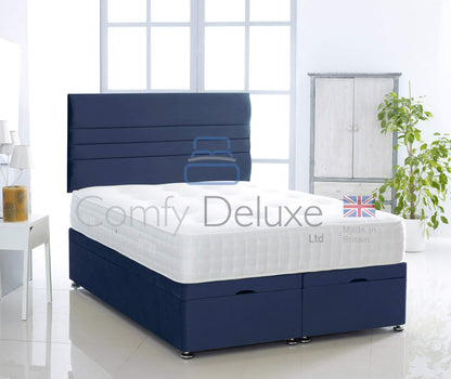 Plush Velvet Ottoman Divan Bed Foot Lift Open With 1000 Pocket Mattress And Horizontal Lined Headboard | Gas Lift Ottoman Storage Divan Bed Set (Silver, 5.0FT King Size)