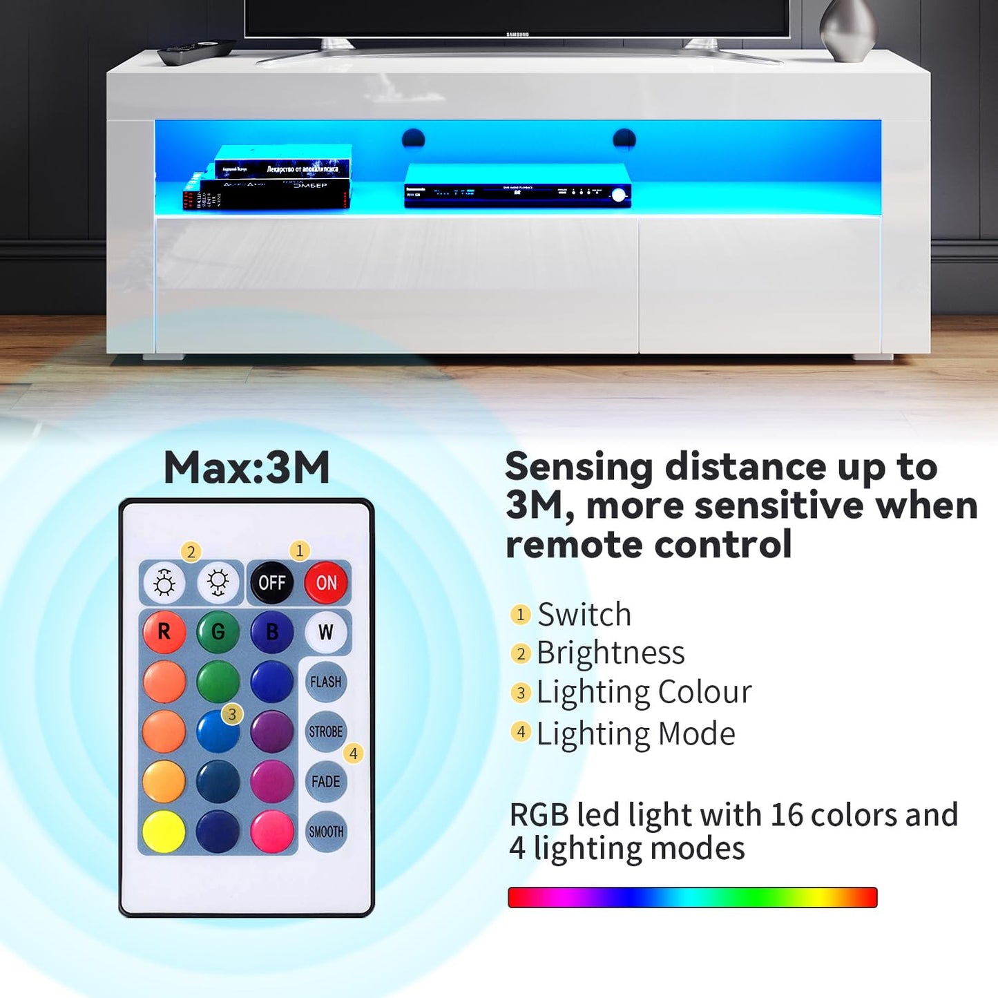 ELEGANT 1200mm LED TV Cabinet Modern White Gloss TV Stand with Ambient Lights for Living Room and Bedroom with Storage Furniture for 32 40 43 50 inch 4k TV