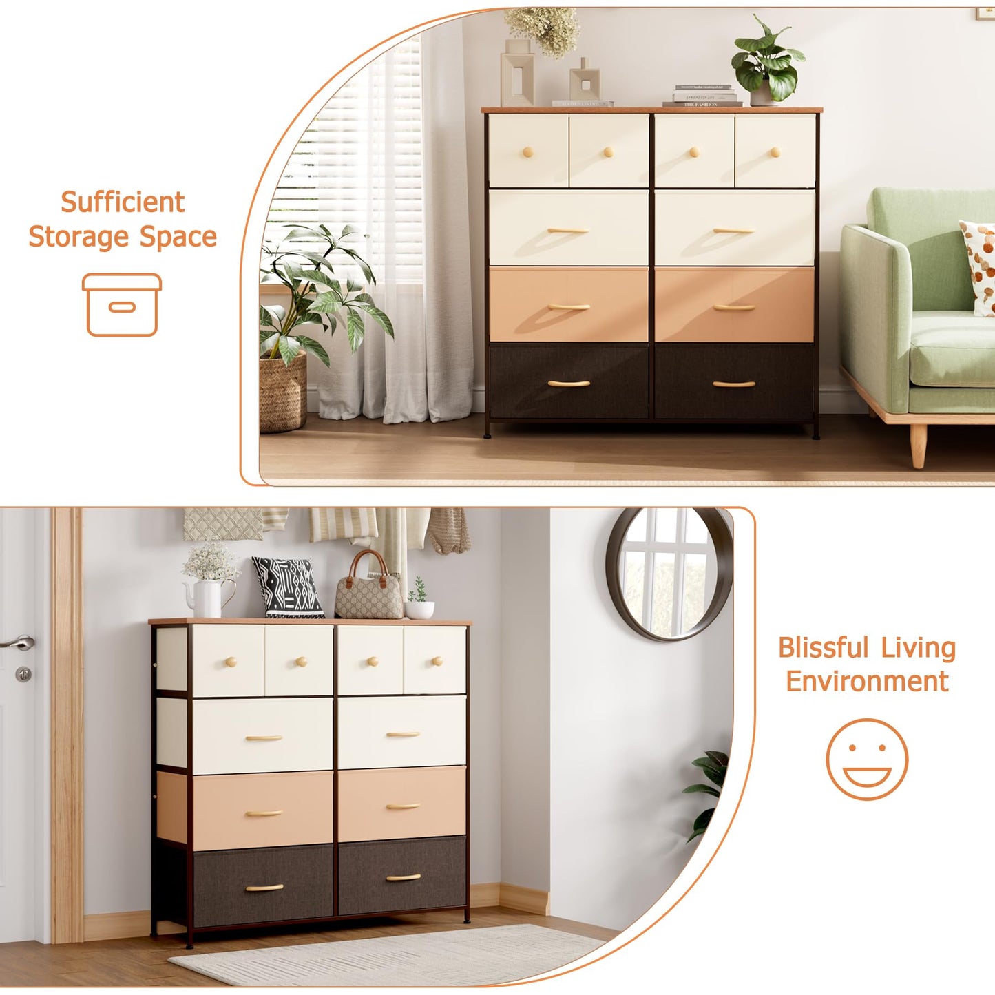 Nicehill Dresser for Bedroom with 10 Drawers, Storage Drawer Organizer, Tall Chest of Drawers for Closet, Clothes, Kids, Baby, Living Room, Wood Board, Fabric Drawers(Black Wood Grain)