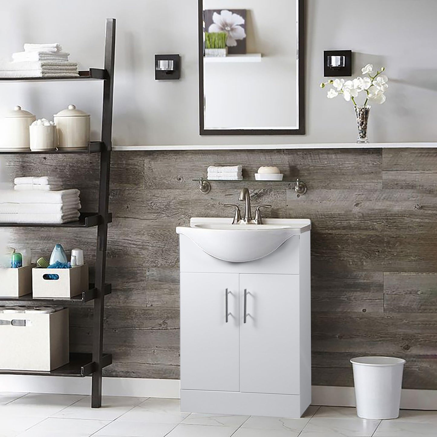 Home Treats 450 Vanity Unit Furniture, Ceramic Wash Basin Sink, Floor Standing, Soft Close Doors Bathroom Storage Cabinet - White (Vanity 45cm)