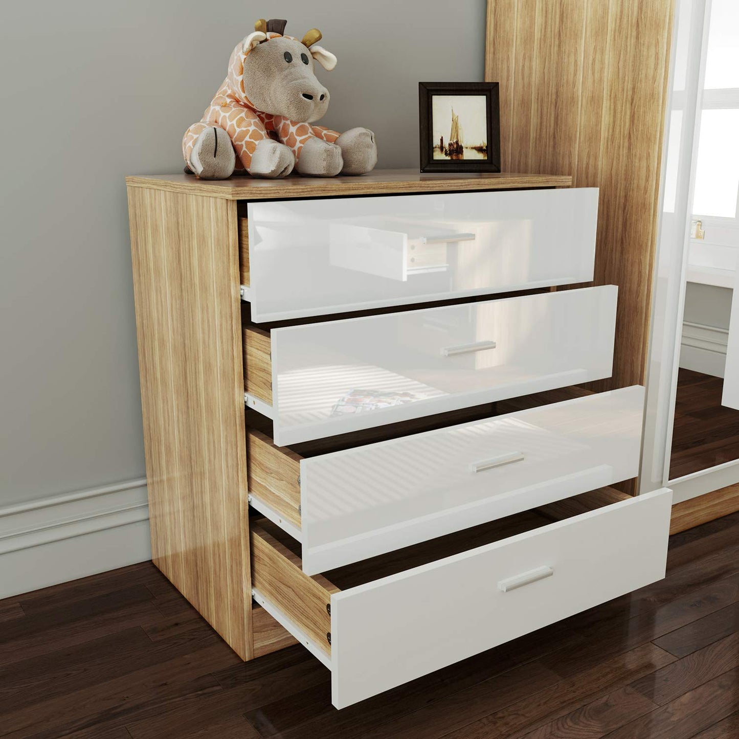 ELEGANT 3 Pieces Bedroom Furniture Sets High Gloss Soft Close Wardrobe with Mirror + 4 Storage Drawer Chest of Drawers Bedside Cabinet, Black and Set