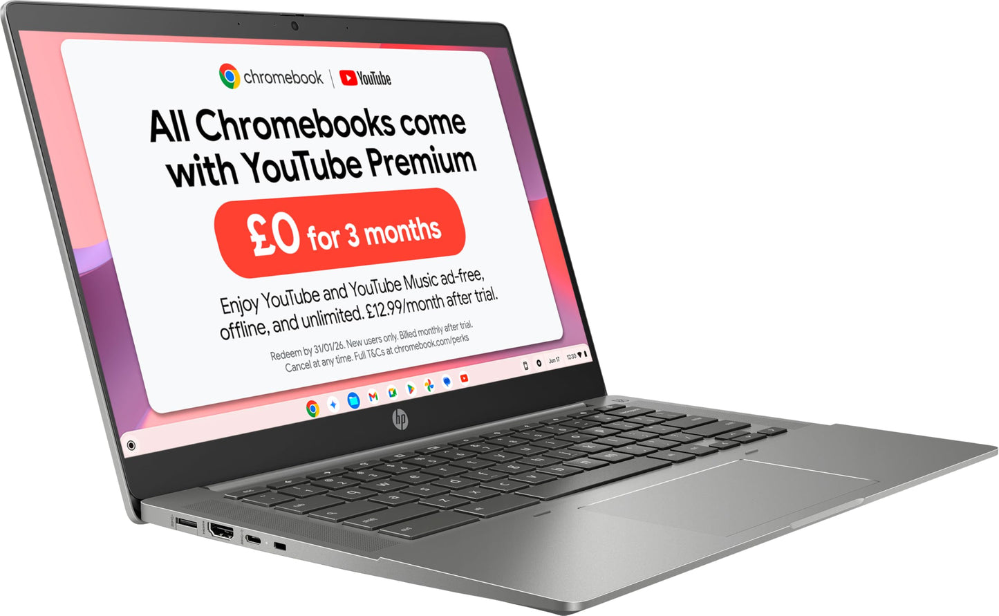 HP Chromebook 14" | Intel Processor N100 Processor| 4 GB RAM | 128 GB Flash Storage | Intel UHD Graphics | HD Display | Up to 12hrs battery | Chrome OS | Dual Speakers | Glacier Silver | 14a-nf0002sa