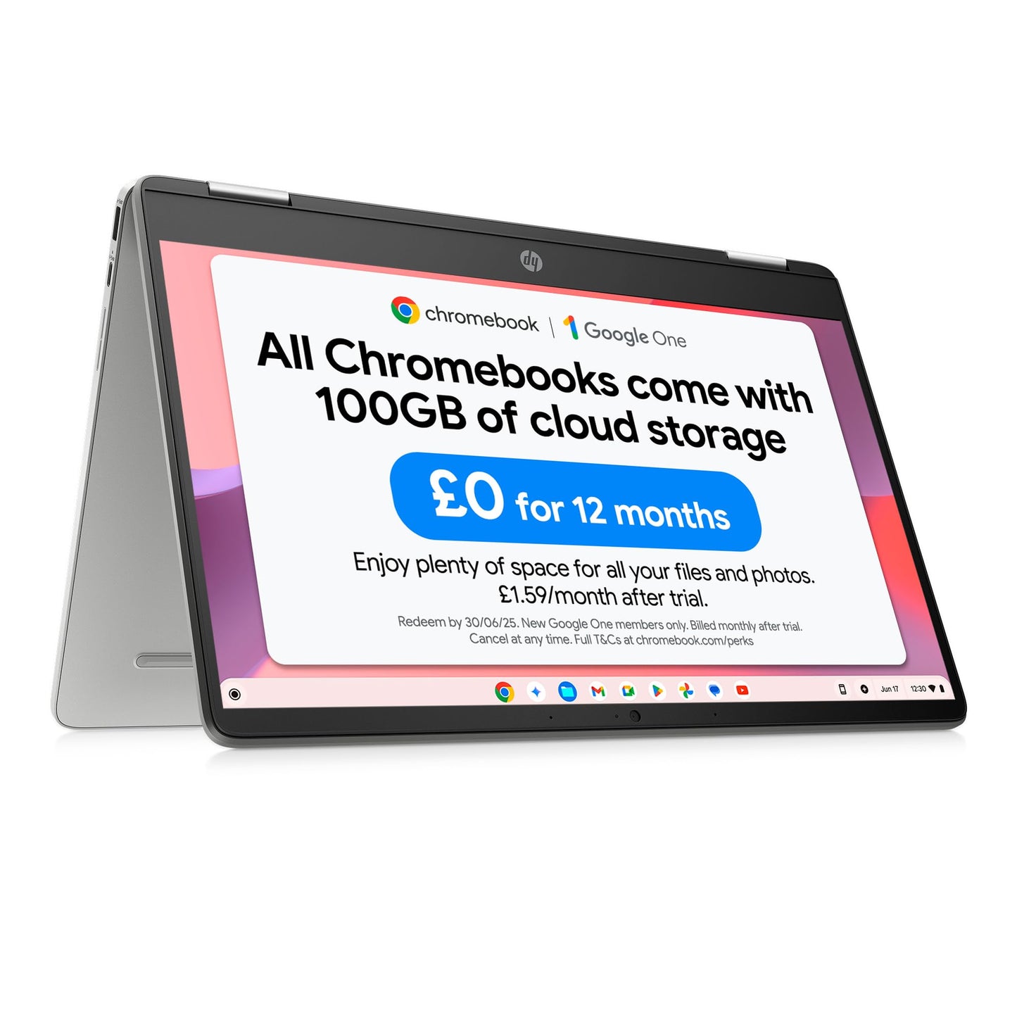 HP Chromebook 14" | Intel Processor N100 Processor| 4 GB RAM | 128 GB Flash Storage | Intel UHD Graphics | HD Display | Up to 12hrs battery | Chrome OS | Dual Speakers | Glacier Silver | 14a-nf0002sa