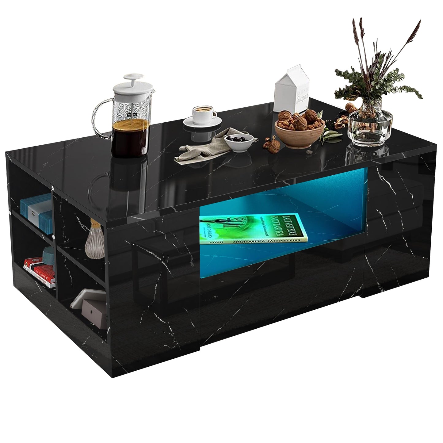 High Gloss Coffee Table, Coffee Table with Storage, Coffee Tables for Living Room with Led RGB Lights 2 Drawer Storage and Open Shelf Rectangle Centre Tea Table for Home Office Furniture, Grey