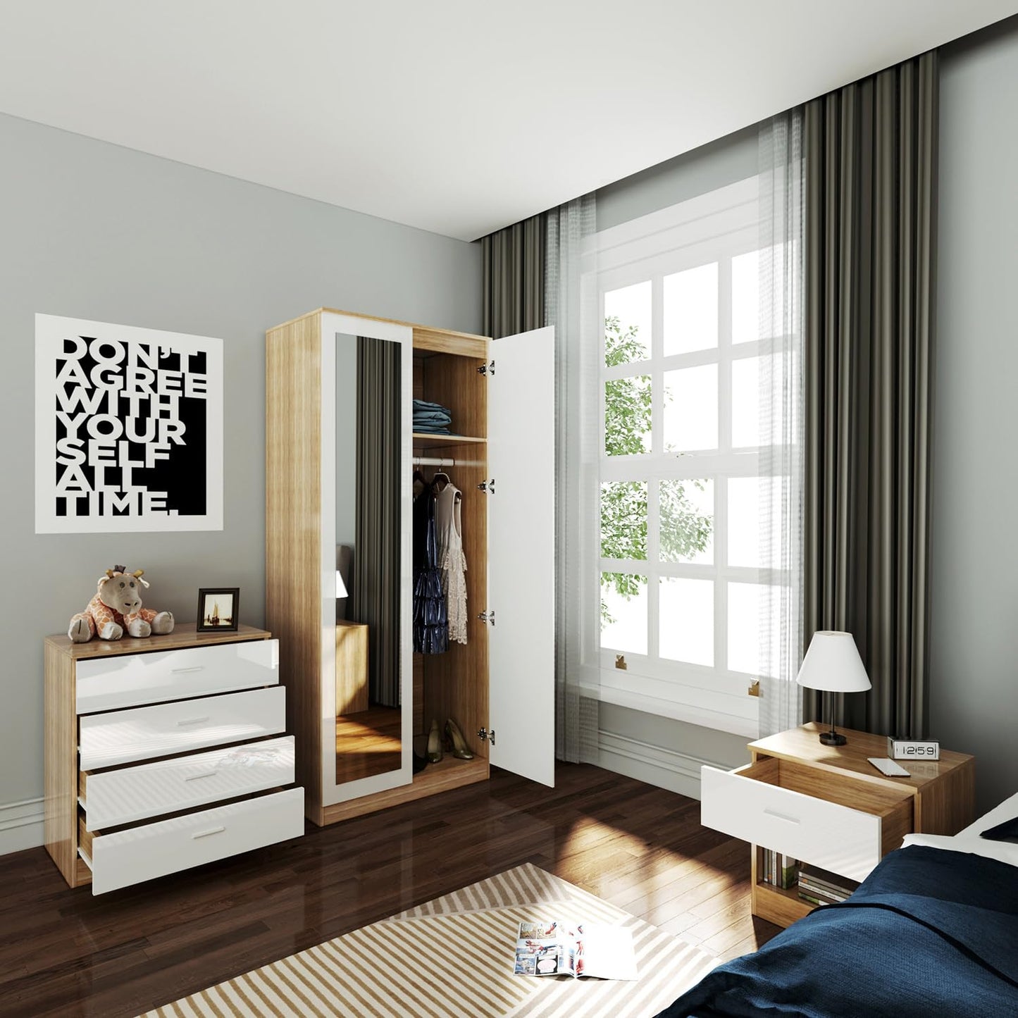 ELEGANT 3 Pieces Bedroom Furniture Sets High Gloss Soft Close Wardrobe with Mirror + 4 Storage Drawer Chest of Drawers Bedside Cabinet, Black and Set