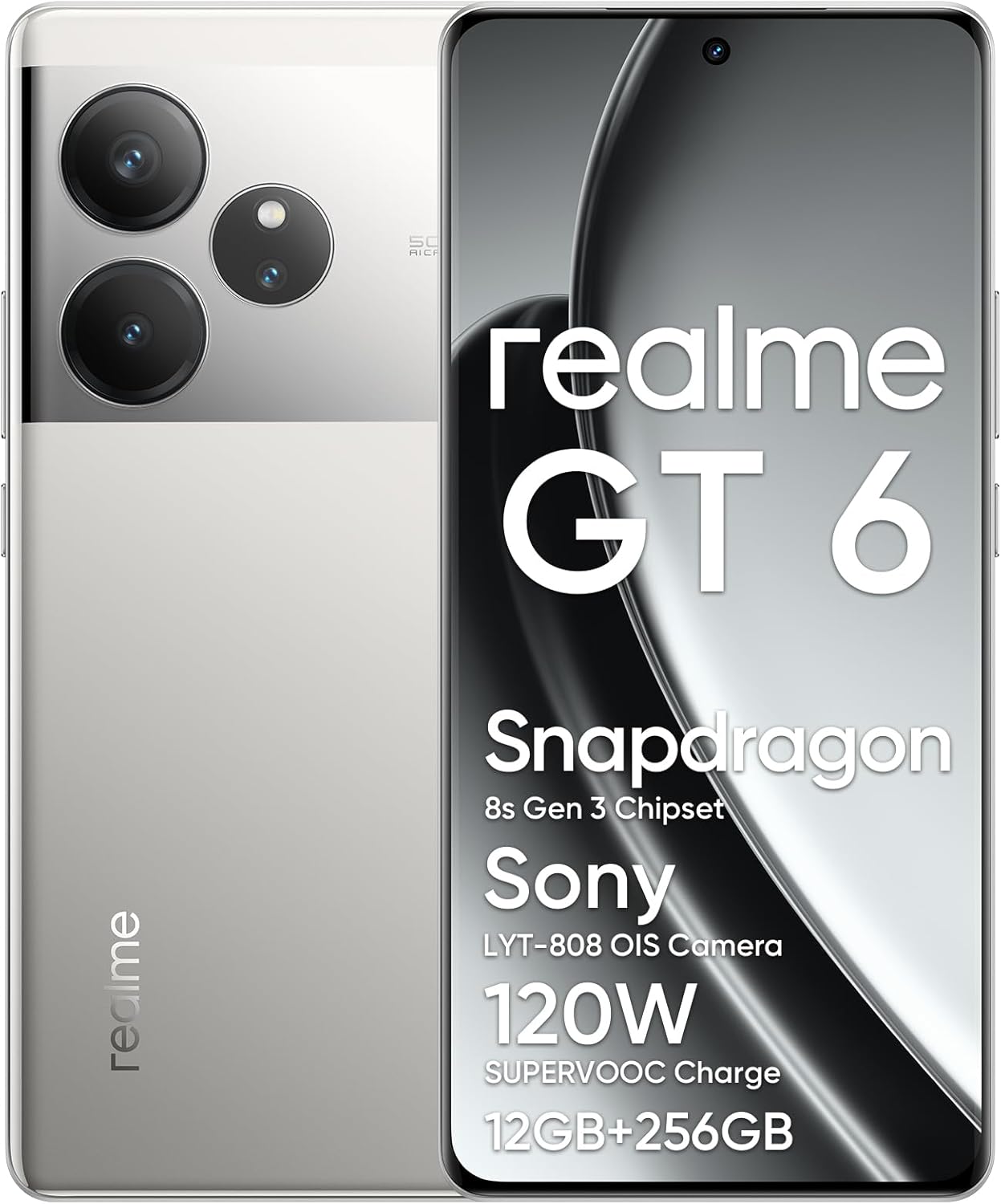 realme GT6 Smartphone, 5G Cellphone 12+256GB, Snapdragon 8s Gen 3, 6000nit Ultra Bright Display, 50MP+50MP+8MP Camera, Phone, Massive 5500mAh Battery, Fluid Silver, With Adapter