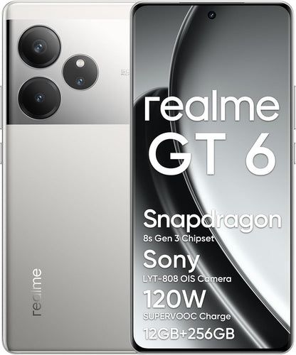 realme GT6 Smartphone, 5G Cellphone 12+256GB, Snapdragon 8s Gen 3, 6000nit Ultra Bright Display, 50MP+50MP+8MP Camera, Phone, Massive 5500mAh Battery, Fluid Silver, With Adapter