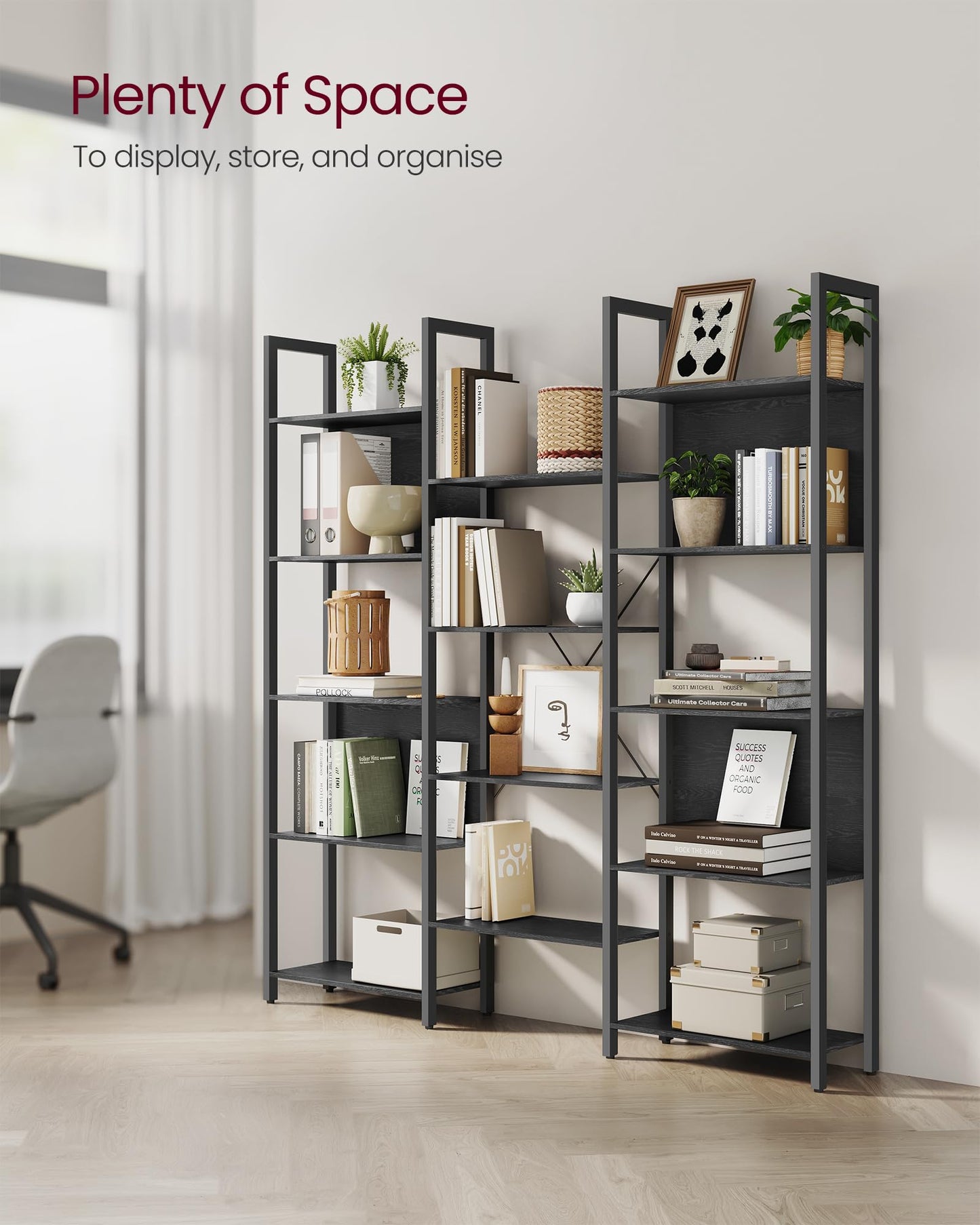 VASAGLE Bookcase, Bookshelf with 14 Shelves, Metal Frame, Shelf Unit for Living Room, Home Office, Industrial Style, 24 x 158 x 166 cm, Rustic Brown and Ink Black LLS107B01