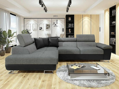 Ashbourne Sofa Bed with Storage | Corner Sofa | Double Sofa Bed | Grey or Grey & Black Fabric | Warranty Included (Left Hand Facing, Grey)
