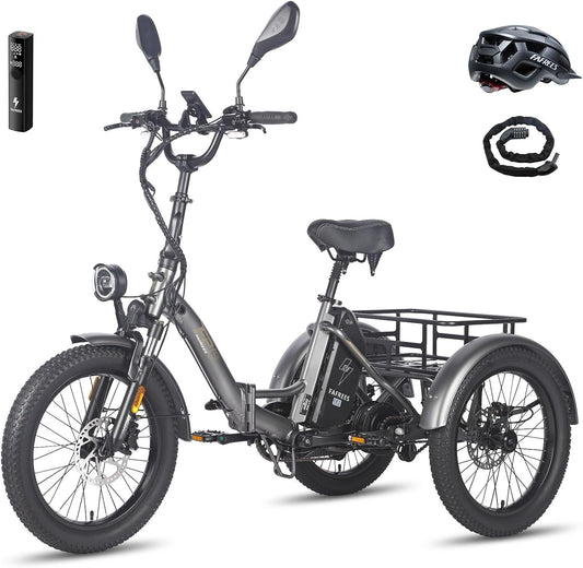 Fafrees F20 Mate Electric Tricycle Bike, 20 * 3.0 Inch Fat Tire E-Trike All Terrain, 48V/21Ah Removable Battery, Power Assist 115 KM, Folding Electric Cargo Tricycle for Senior Adult, Grey