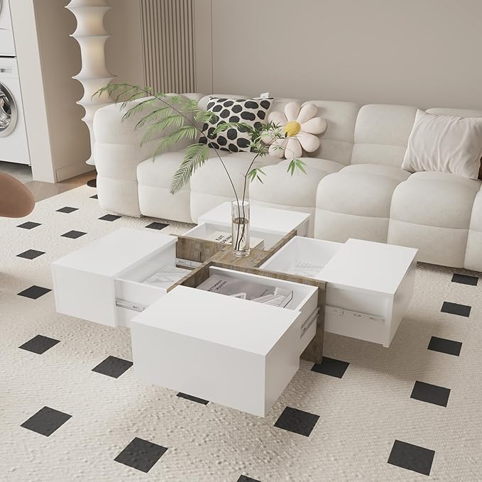 Modern White Style Square Coffee Table with 4 Drawers | 80x80x35 cm | Multifunctional Coffee Table with Storage for Living Room | Unique Design