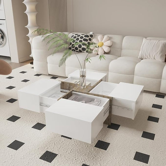 Modern White Style Square Coffee Table with 4 Drawers | 80x80x35 cm | Multifunctional Coffee Table with Storage for Living Room | Unique Design