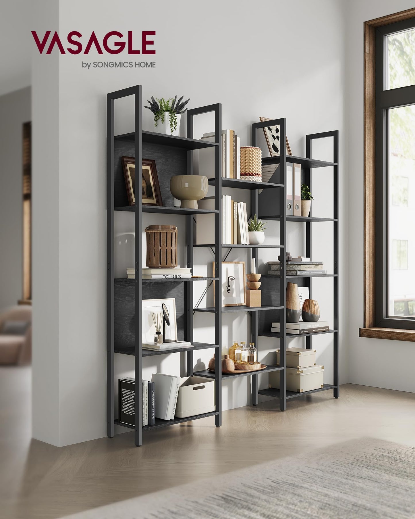 VASAGLE Bookcase, Bookshelf with 14 Shelves, Metal Frame, Shelf Unit for Living Room, Home Office, Industrial Style, 24 x 158 x 166 cm, Rustic Brown and Ink Black LLS107B01