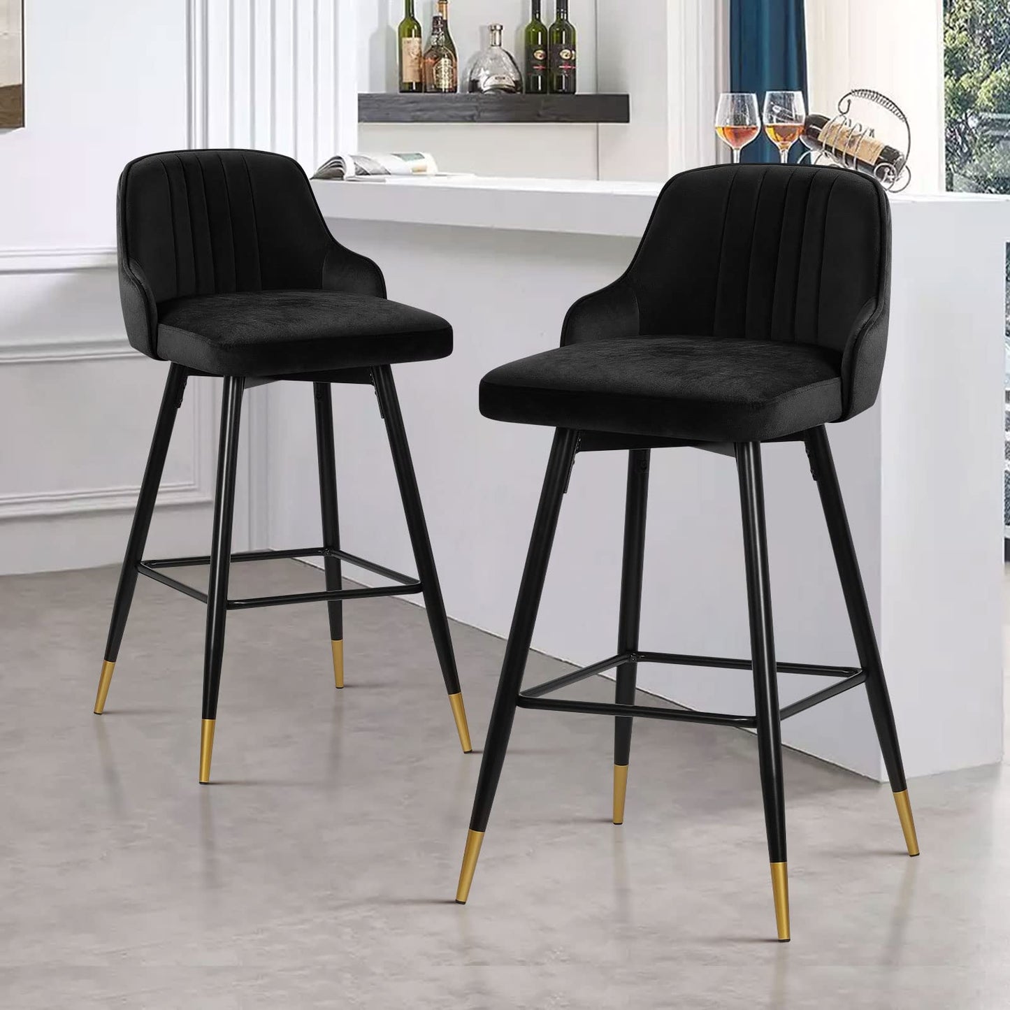 Bekrvio Upgraded Velvet Bar Stools Set of 2 – 360° Swivel Bar Chairs with Back & Footrest, Modern Kitchen Island Breakfast Stools, Support 150kg – New Version, Black