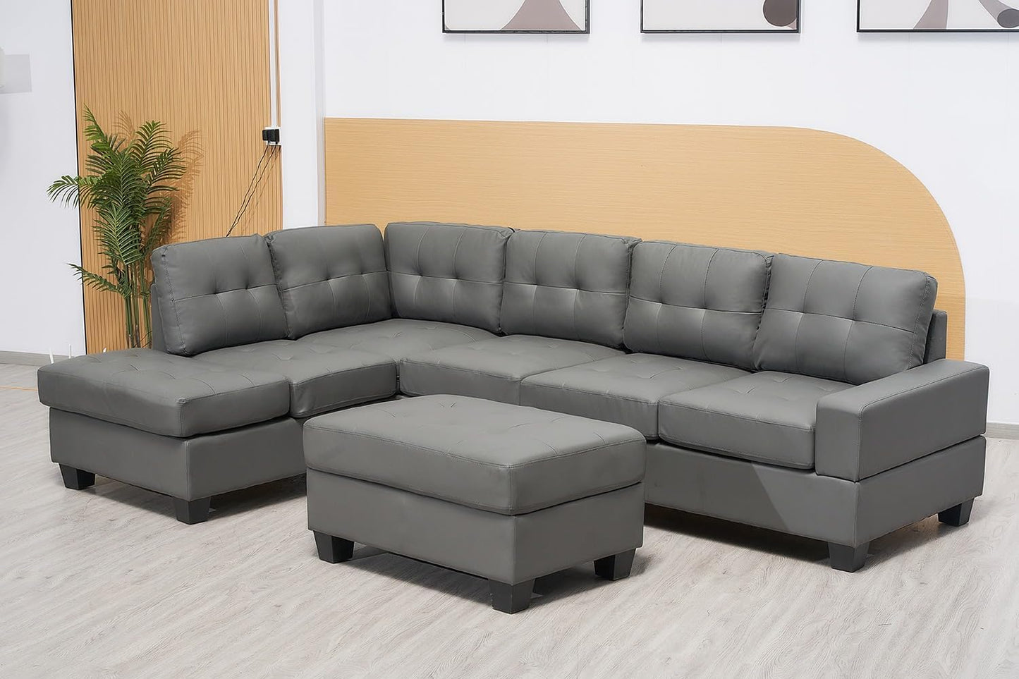 Western Grey Fabric Corner Sofa suite With Drop Down Cup Holder And Ottoman for livingrooms -Cheap sofas & couches-3020 (Grey Fabric, Right Hand Side)