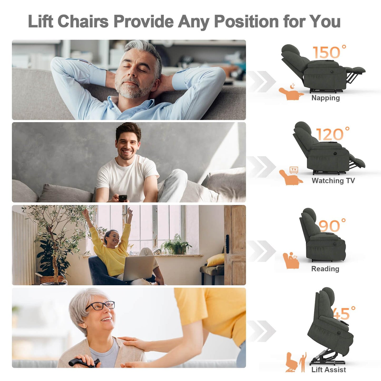 Recliner Armchair-Set of 3, Lift Chair For the Elderly, Power Recliner Chair with Massage & Heat, Extended Footrest, Type C+USB Ports, 2 Cup Holders, Dual Side Pockets Reclining Chairs