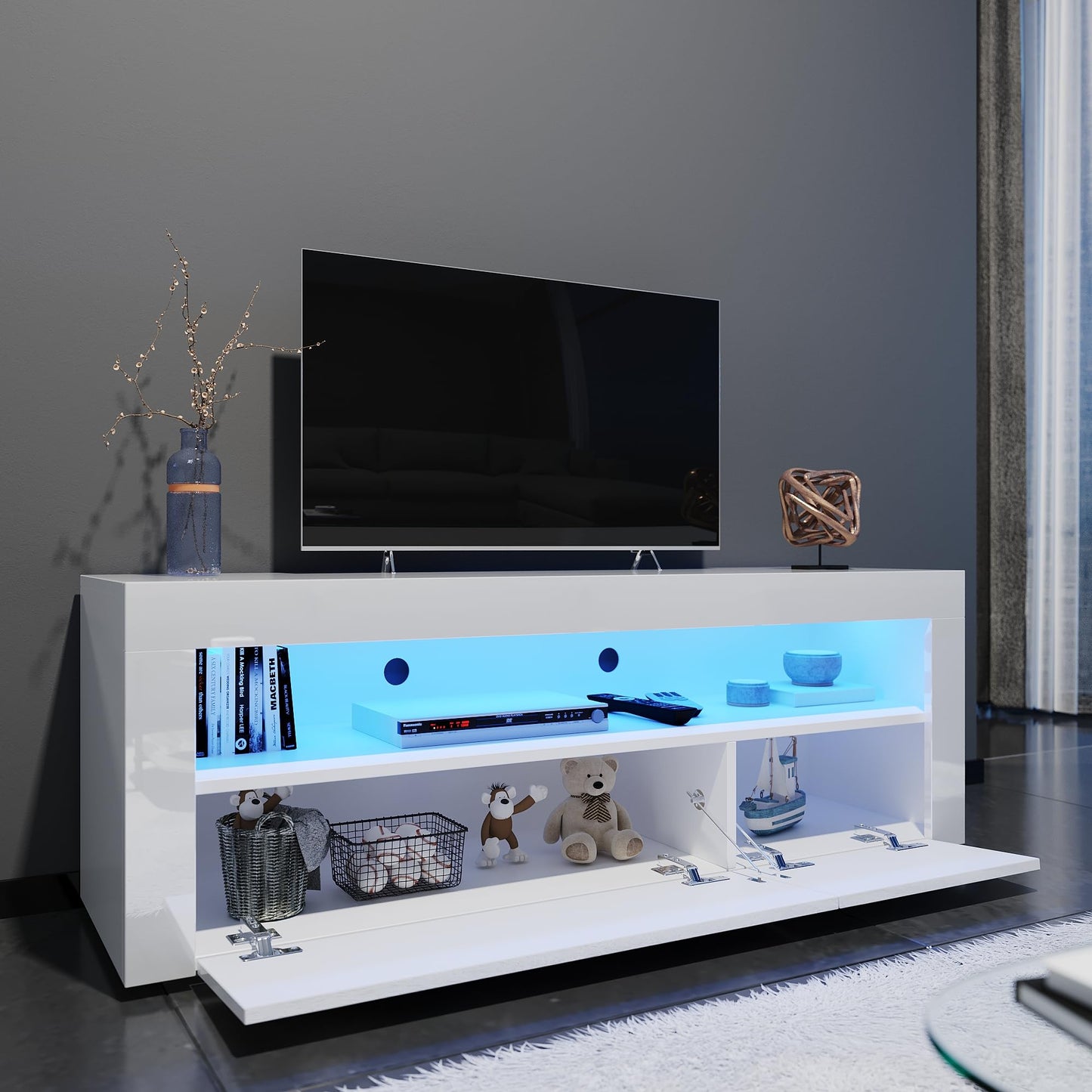 ELEGANT 1200mm LED TV Cabinet Modern White Gloss TV Stand with Ambient Lights for Living Room and Bedroom with Storage Furniture for 32 40 43 50 inch 4k TV